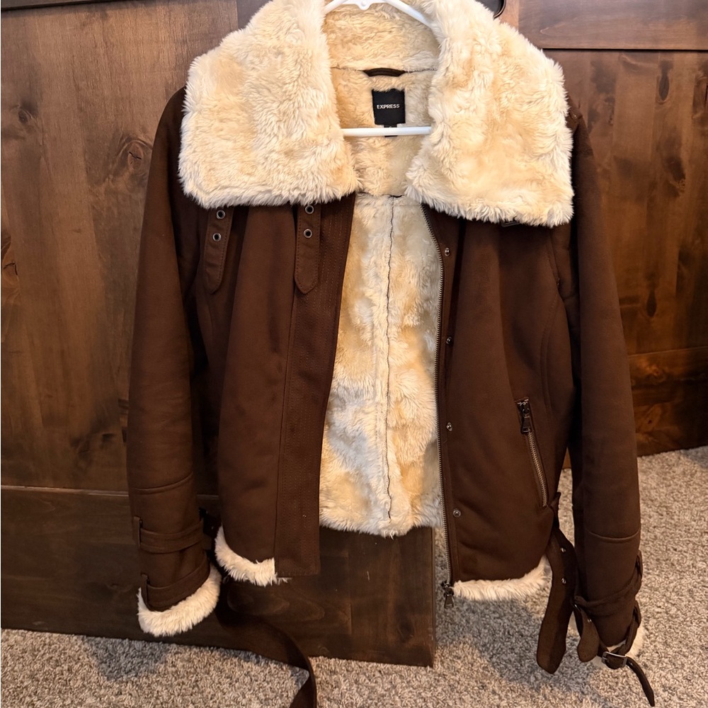 Express Cream Faux Shearling-Lined Jacket with Brown Shell